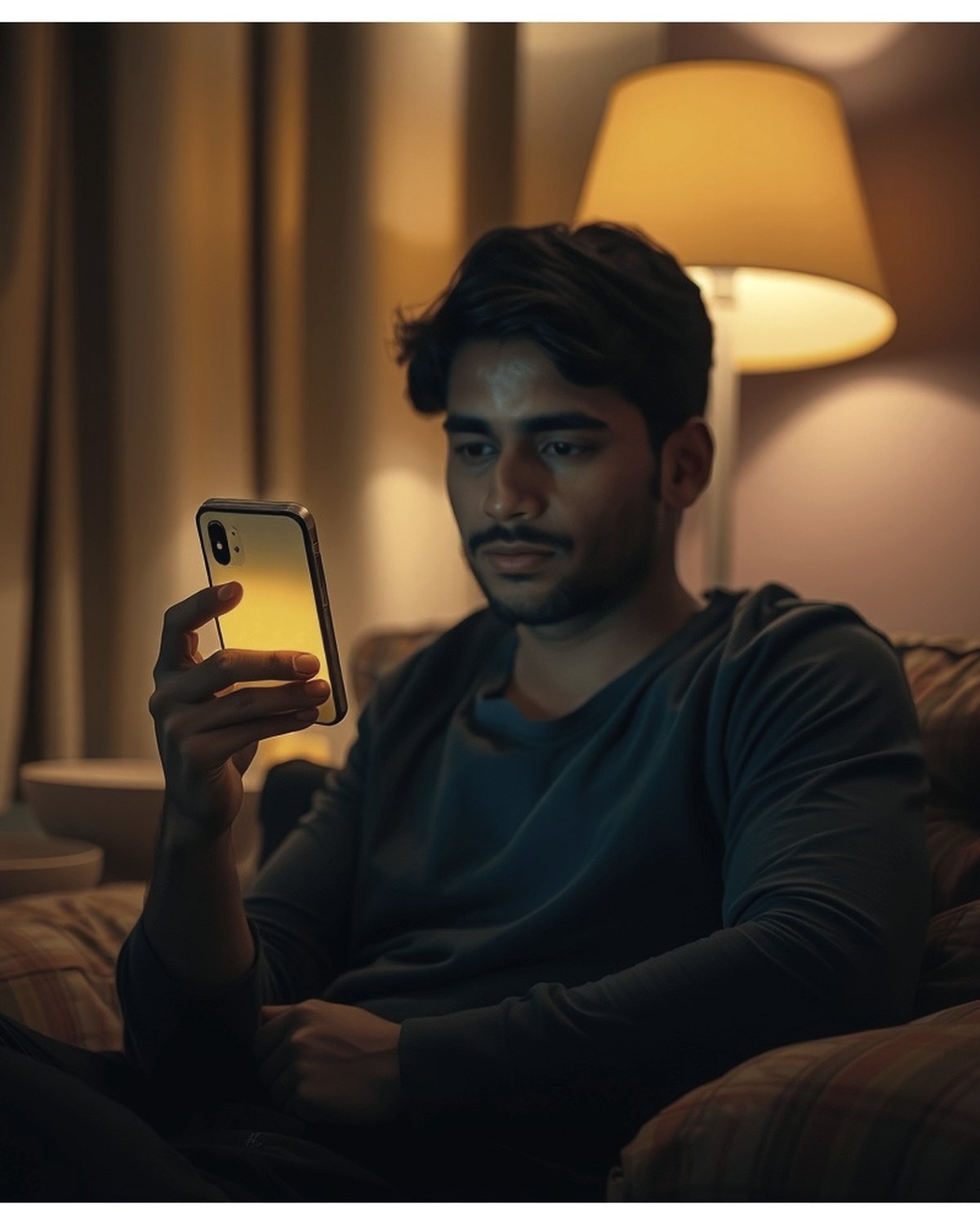 A player on his phone at home in the evening